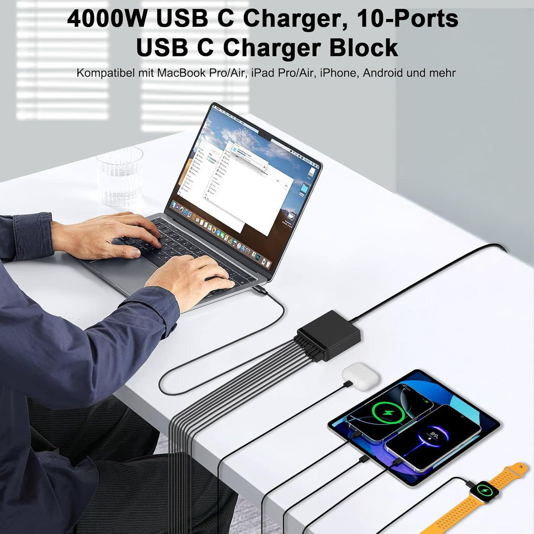 400W USB C Ladegerät Mehrfach, GaN V 10 Ports USB Ladegerät Mehrfach, 400W 10-Port Schnellladegerät