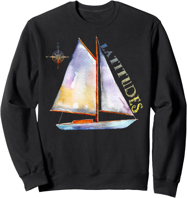 Aquarell-Segelboot mit Kompass und LATITUDES Segeln Sweatshirt