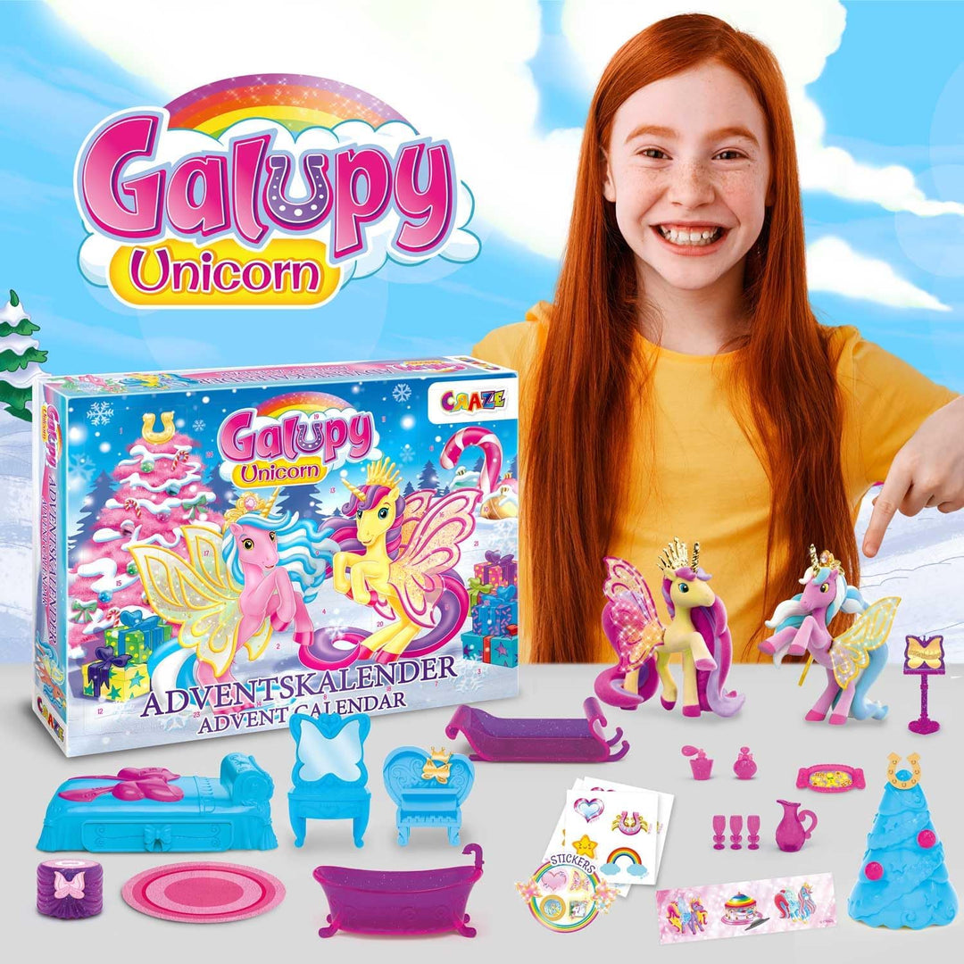 GALUPY UNICORN Adventskalender Kinder - Spielzeug Adventskalender mit 2 Exklusive Einhorn-Figuren Un