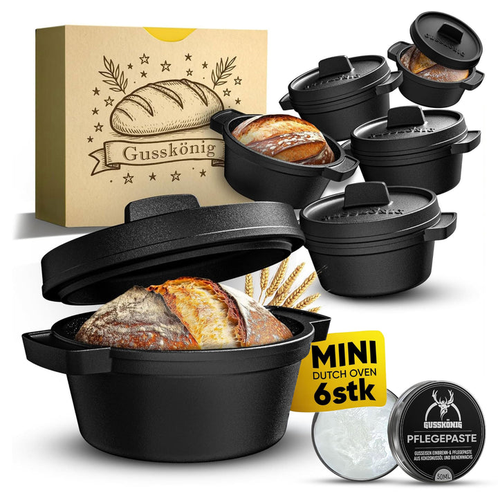 Mini Gusseisen Brotbackform Set–6x 300 ml Brotbacktopf mit Deckel–eingebrannte Mini Dutch Oven zum B
