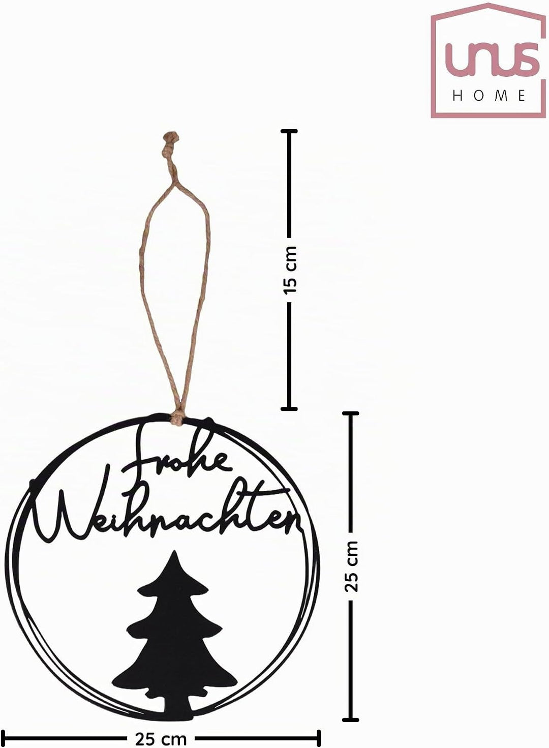 UNUS Aufhänger Frohe Weihnachten rund Ø 25 cm Metall Wanddeko mit Tannenbaum stilvolle Weihnachtsdek