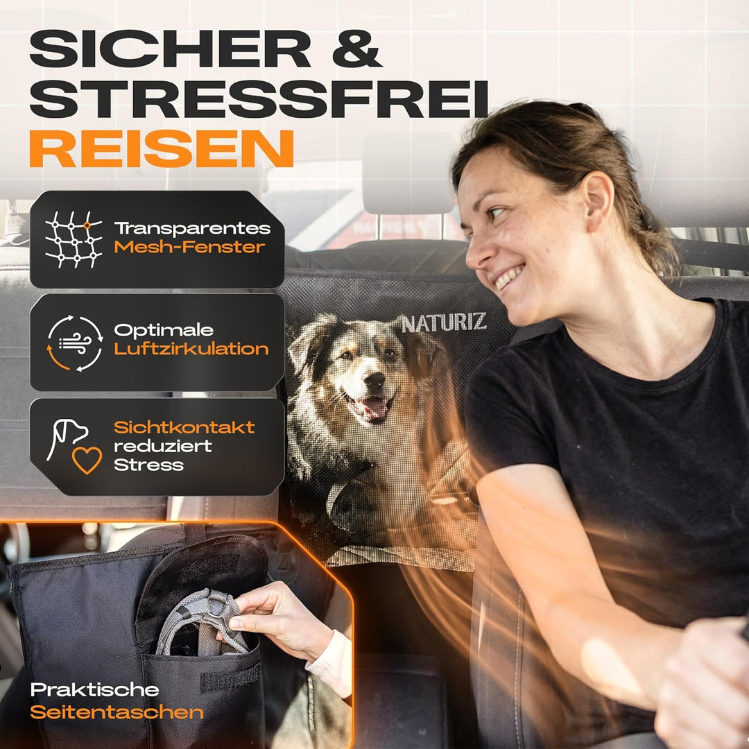 NATURIZ® Hundedecke Auto Rückbank mit Seitenschutz - Hundesitz inkl. Sicherheitsgurt - Hundematte Wa
