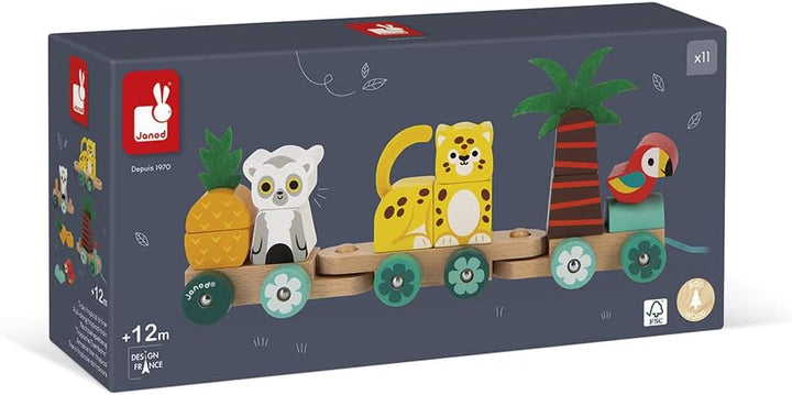 Janod - Tropischer Nachziehzug Tropik - Nachziehspielzeug aus Holz - 11 Teile + 3 Waggons - Lernspie