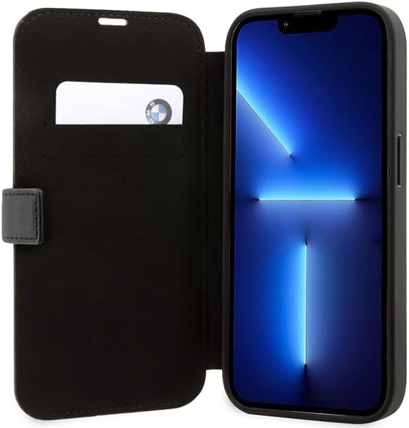 BMW BMBKP14X22RDPK Hülle für iPhone14 Pro Max 6,7" Schwarz Bookcase Leather Textured&Stripe