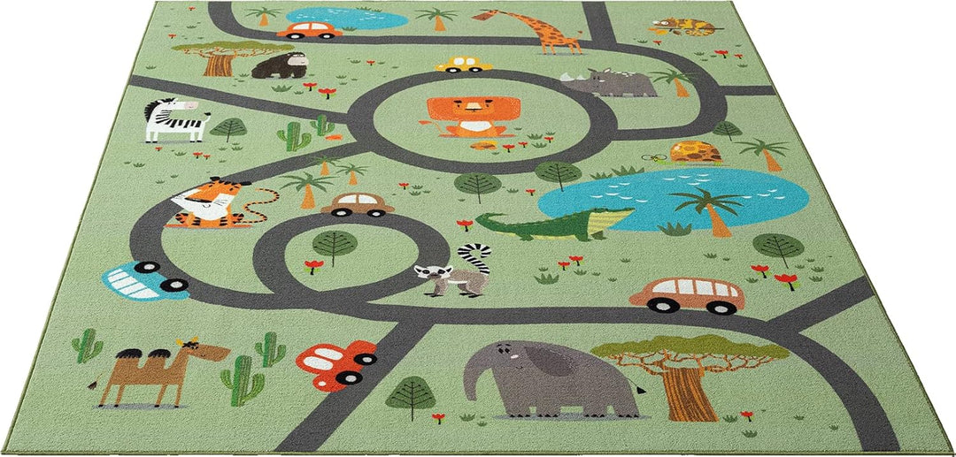 the carpet Happy Life – Kinderteppich Spielteppich mit Strassen‑Motiv, Dschungel, Tiere & Autos, rut