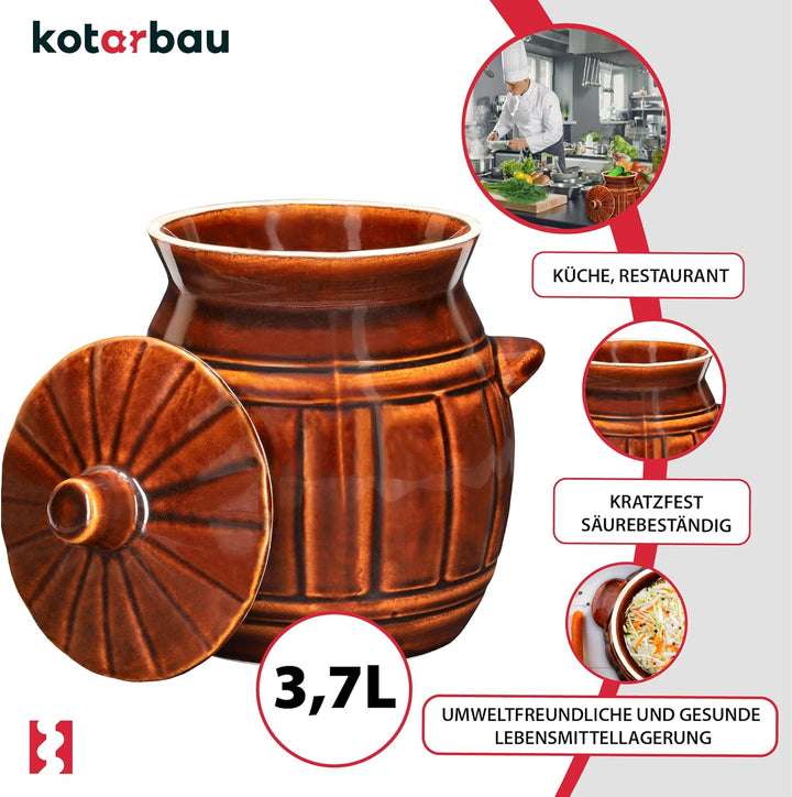 KOTARBAU® Keramik Gärtopf 3,7 L Braun Gurkentopf mit Deckel Sauerkrauttopf aus Steinzeug Einmachtopf