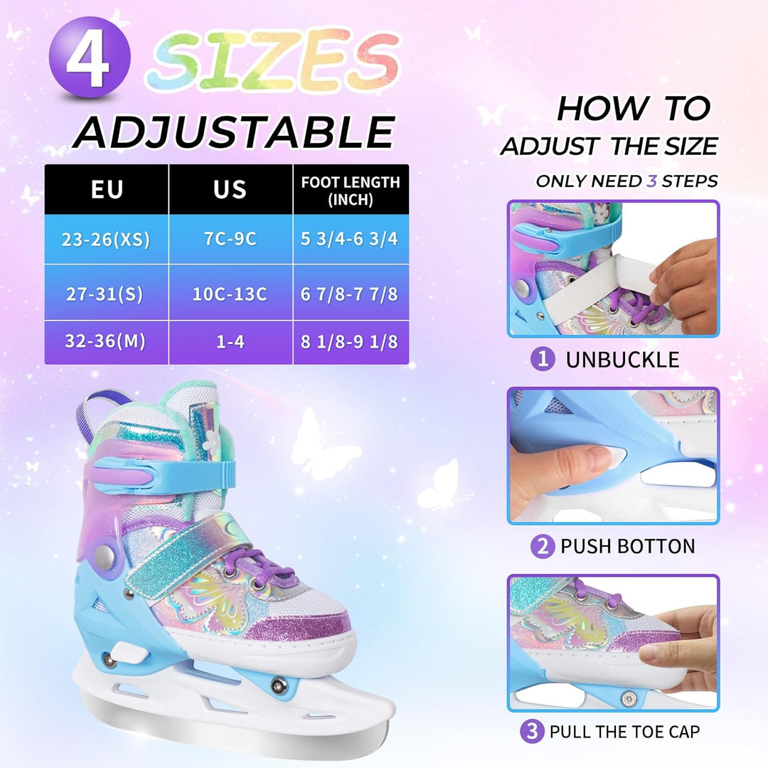 Nattork Mädchen-Eislaufschuhe für Kinder, 4-Fach verstellbar, Butterfly-Eislaufschuhe mit Fleecefutt