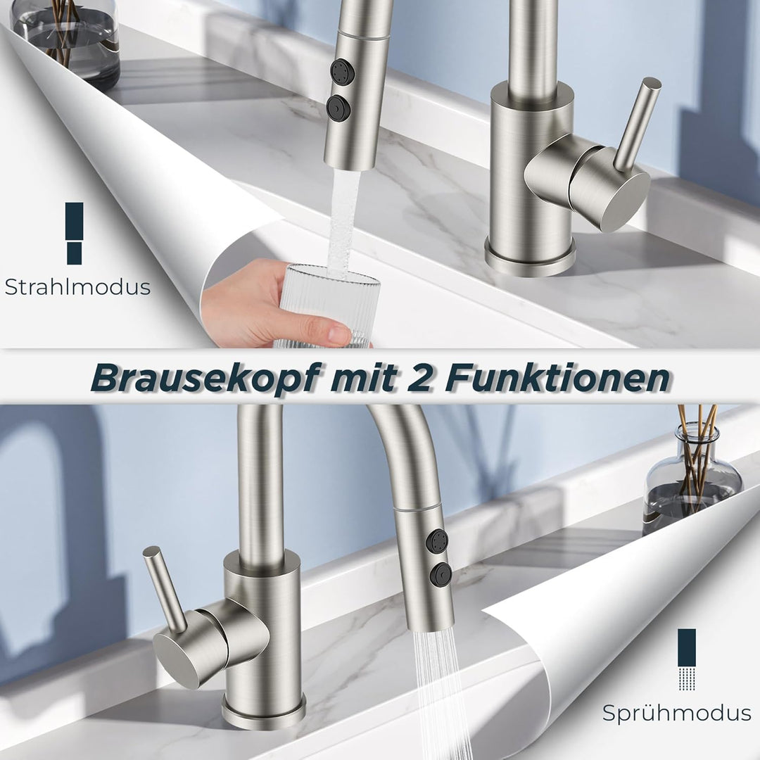 FORIOUS Wasserhahn Bad mit Ausziehbarer Brause, Edelstahl Waschtischarmatur Hoch mit 2 Strahlarten,