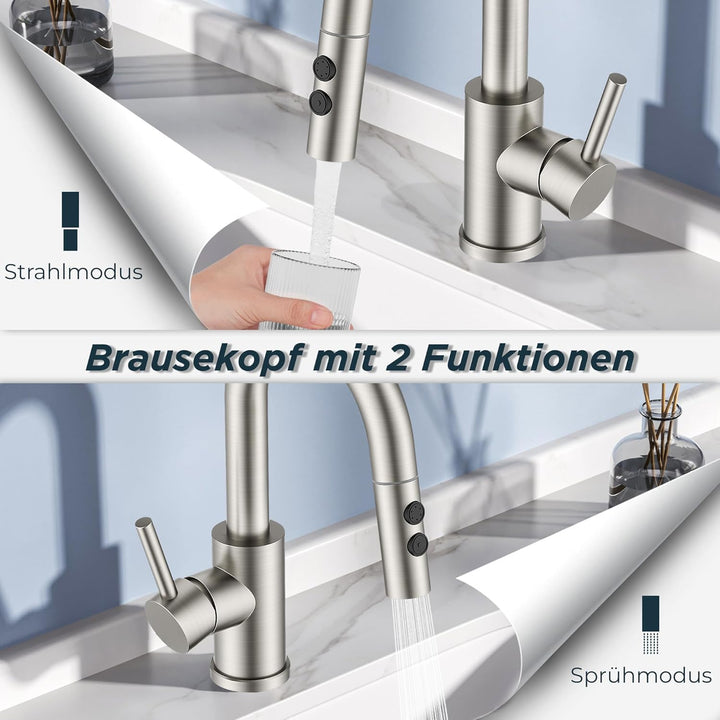 FORIOUS Wasserhahn Bad mit Ausziehbarer Brause, Edelstahl Waschtischarmatur Hoch mit 2 Strahlarten,