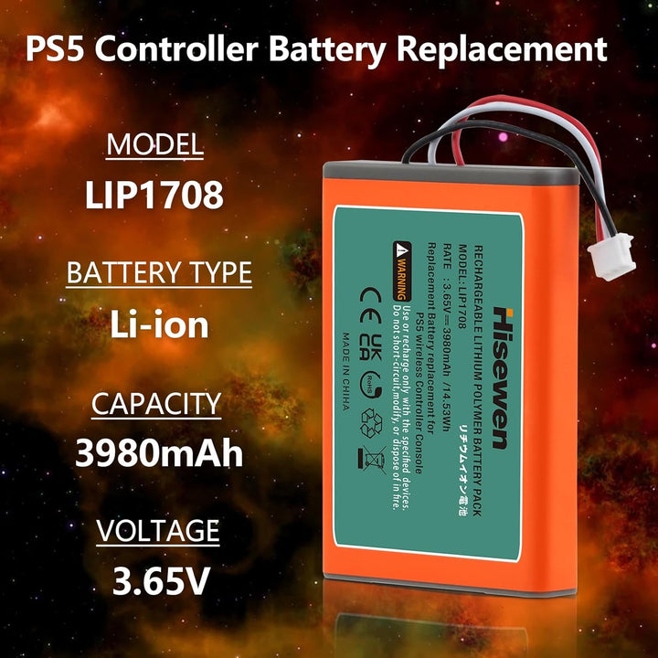 Hisewen 3980mAh PS5 Controller Akku für Sony Playstation 5 LIP1708 Dualsense CFI-ZCT1W CFI-ZCT1J Con