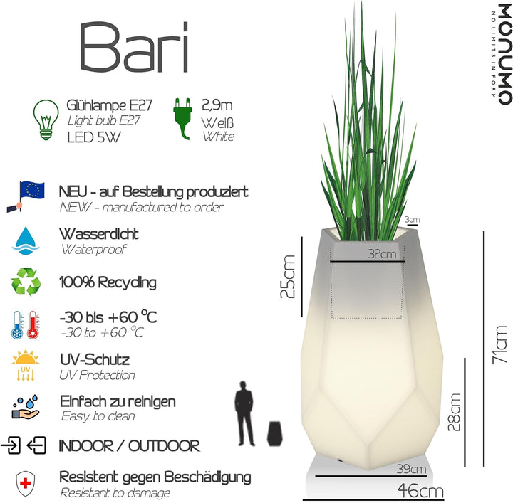 Monumo®️ Leuchtender Blumentopf Gross 71 cm x 46 cm x 46 cm | geeignet für Haus, Büro, Garten, Patio
