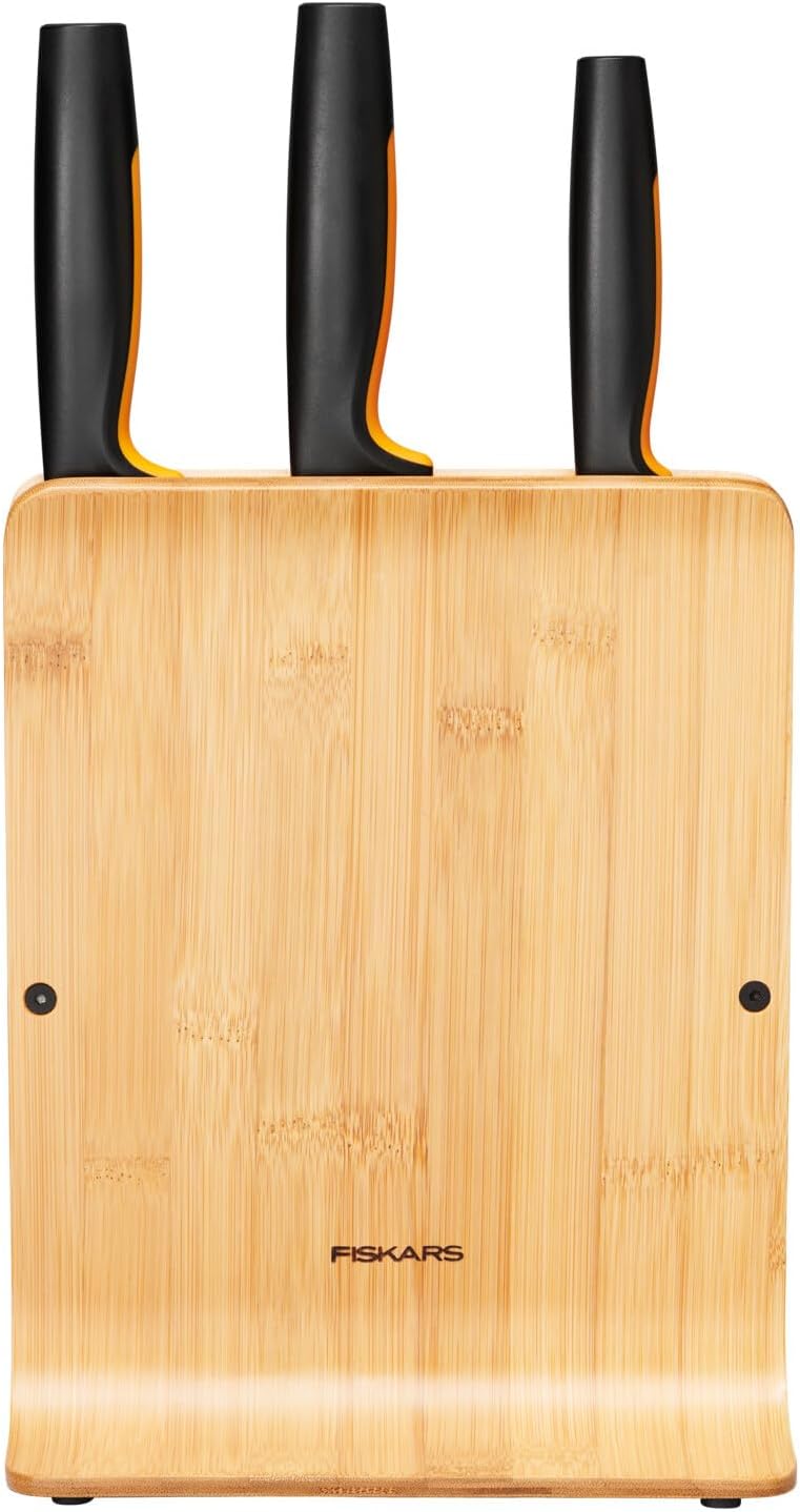 Fiskars Bambus Design-Messerblock mit 3 Messern, Functional Form, Inklusive Gemüsemesser, Santoku Ko