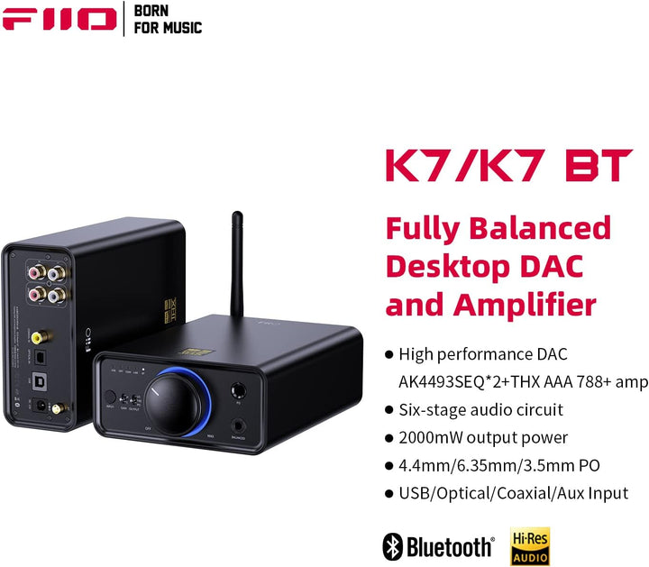 FiiO K7 BT (Bluetooth) - Full Balanced HiFi DAC Kopfhörer-Verstärker AK4493S*2, XMOS XU208 PCM384kHz