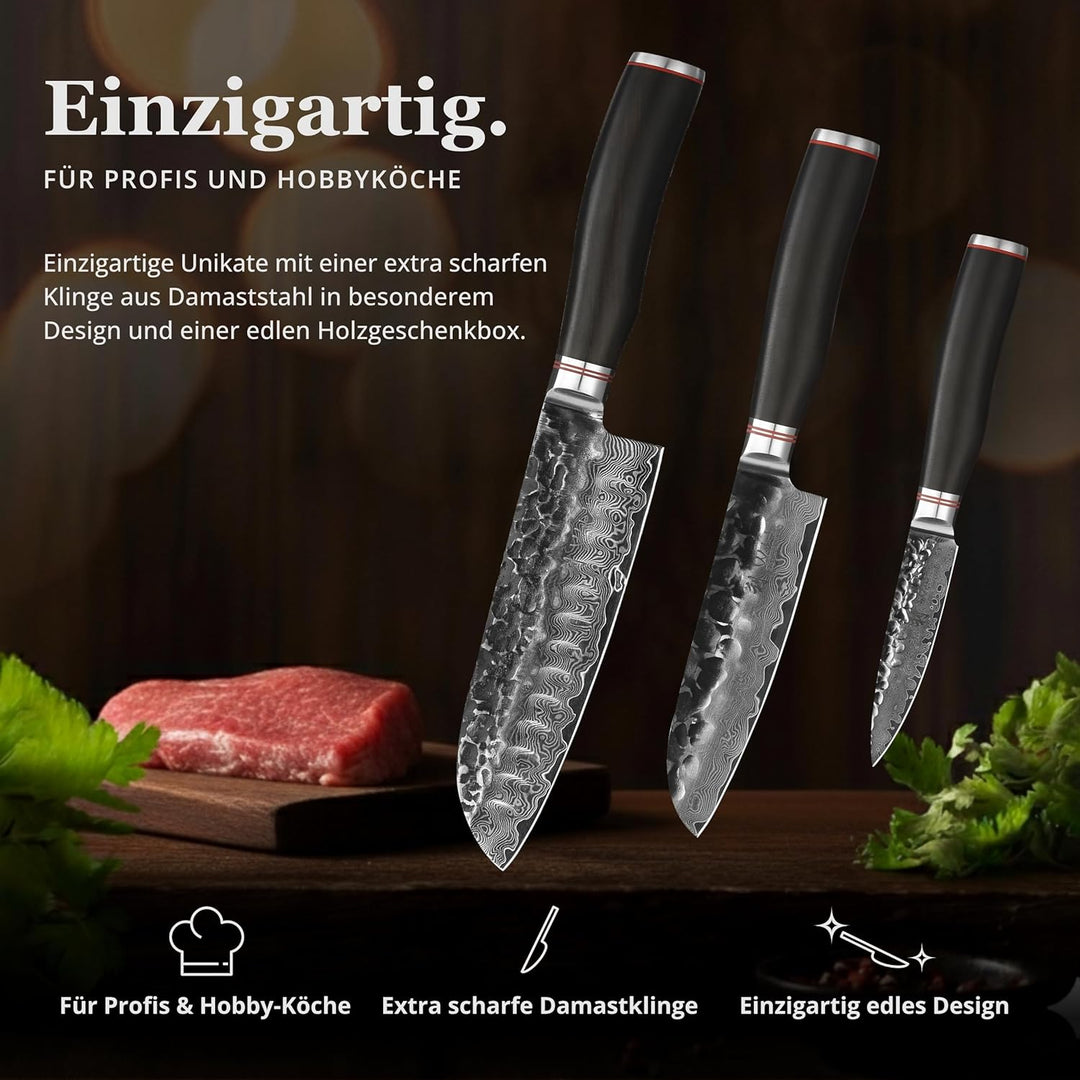 Wakoli Ebo 3er Damastmesser Set mit 9-18cm Klingen mit Hammerschlag gefertigt aus 67 Lagen echtem Da