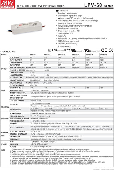 Mean Well LPV-100-5 LED-Trafo, 100 W, 5 V, 12 A, wasserdicht, Wechselstrom - Gleichstrom, LPV-100-5