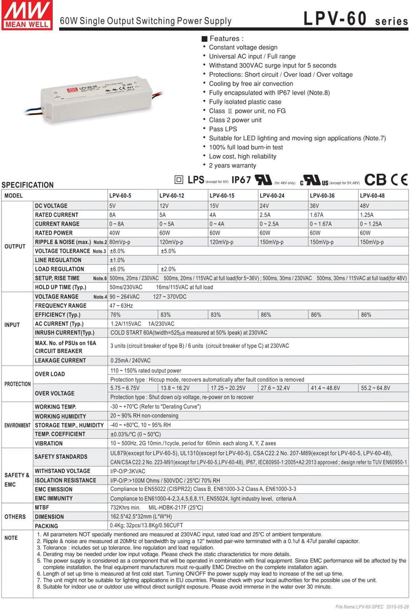 Mean Well LPV-100-5 LED-Trafo, 100 W, 5 V, 12 A, wasserdicht, Wechselstrom - Gleichstrom, LPV-100-5