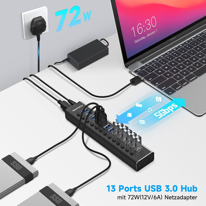 RSHTECH RSHTECH RSH-A13-5 Aluminium USB Hub Active 3.0 mit Netzteil 72 W 12 V/6 A, 13-Port USB Hub A