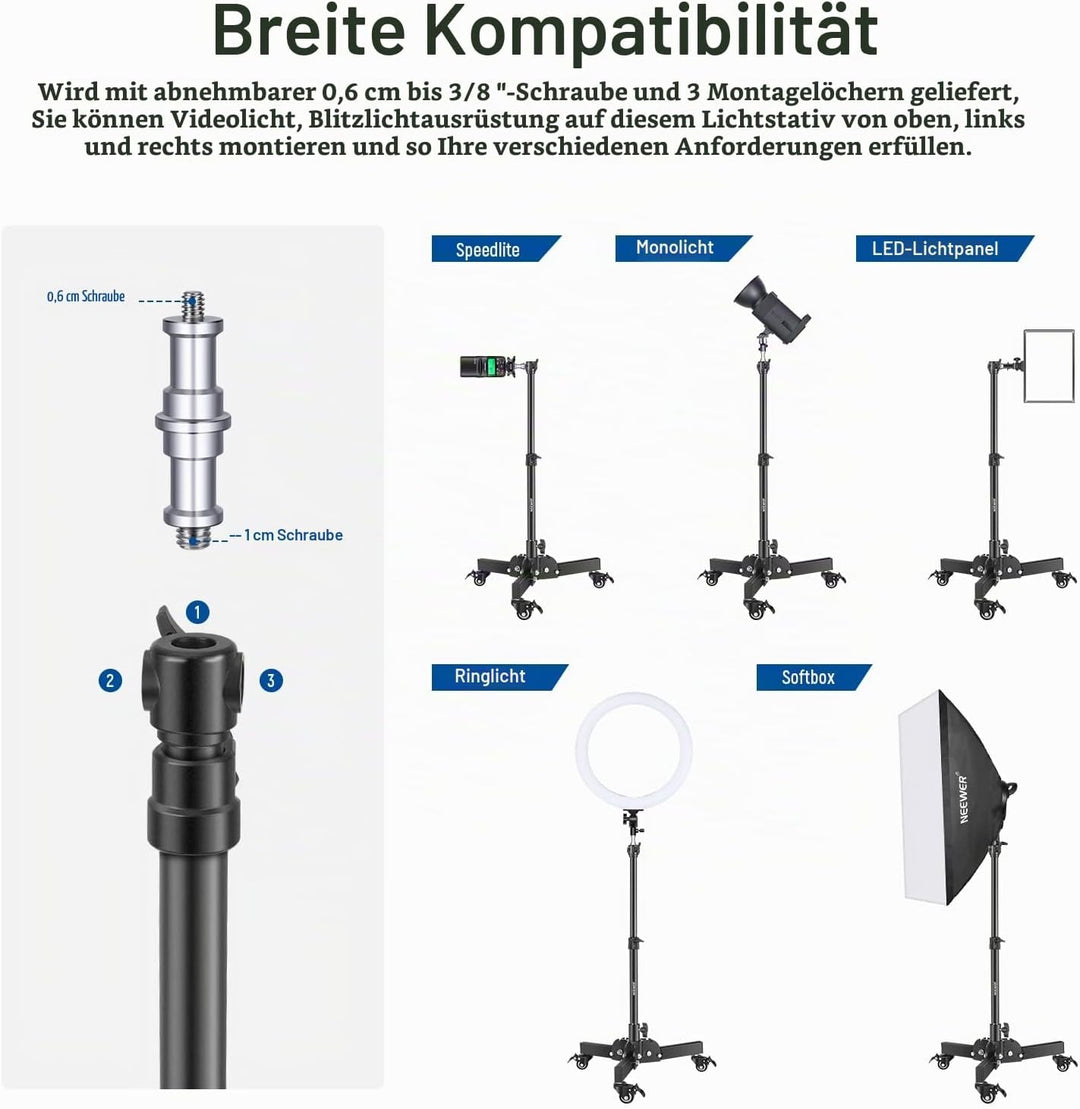 NEEWER 2er Pack Schwerlast Lichtstativ mit Rollen, 2,4Fuss max. Höhe, Faltbarer Stativständer für Au