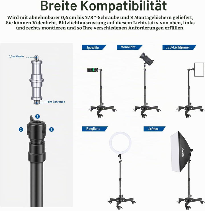 NEEWER 2er Pack Schwerlast Lichtstativ mit Rollen, 2,4Fuss max. Höhe, Faltbarer Stativständer für Au
