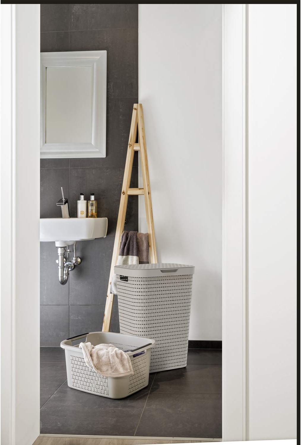 Rotho Country 3er-Set Wäschesammler 55l mit Deckel, Kunststoff (PP) BPA-frei, anthrazit, 3x55l (42,0