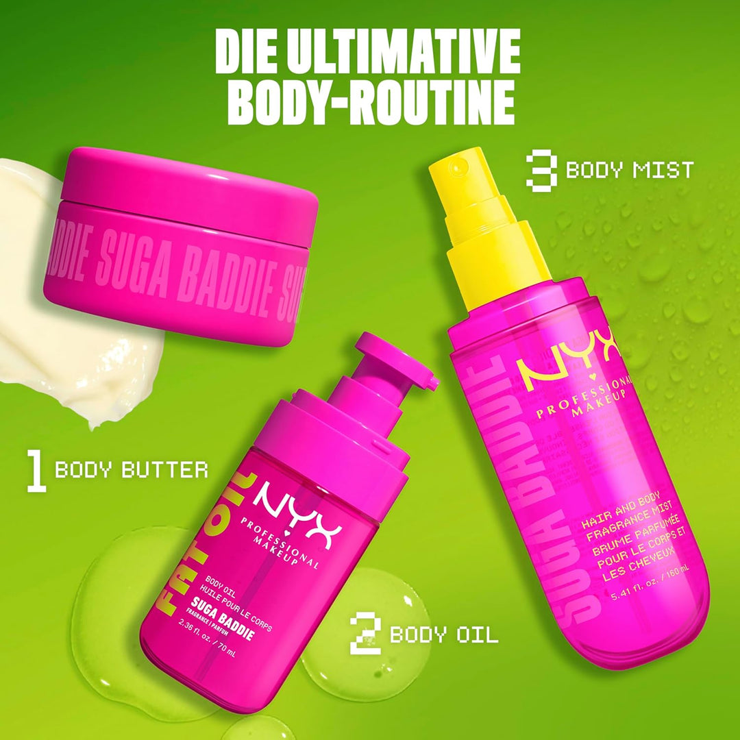 NYX Professional Makeup Fat Oil Körperöl, Suga Baddie, 70 ml, 24H Hydration, glänzendes Finish