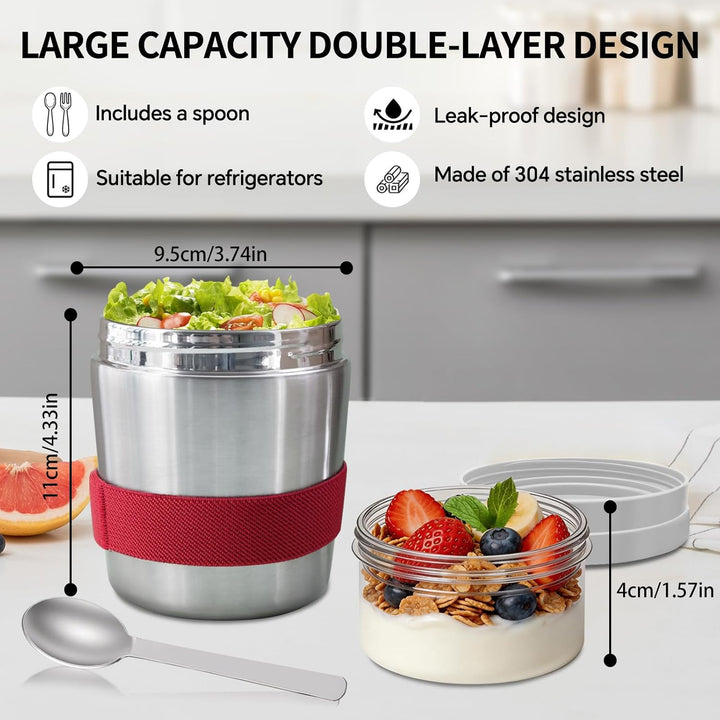 Müslibecher to Go Edelstahl mit Löffel, Vakuumisolierter Joghurtbecher to Go 500ml+220ml, Müslibeche