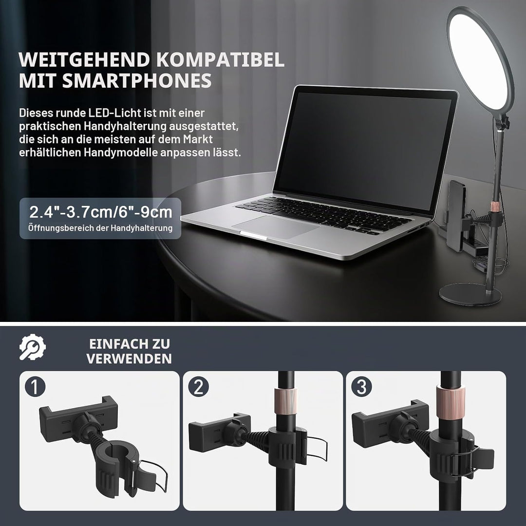 Upgrade Ringlicht mit Stativ Handy Laptop Videokonferenz Licht, 10.3” Tisch Handy Ringleuchte 3 Lich