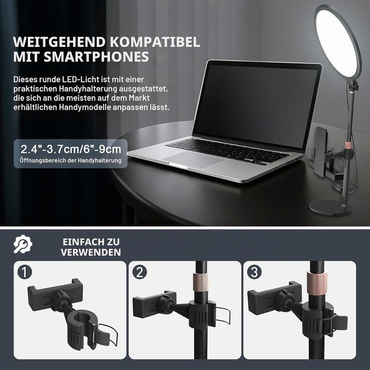 Upgrade Ringlicht mit Stativ Handy Laptop Videokonferenz Licht, 10.3” Tisch Handy Ringleuchte 3 Lich