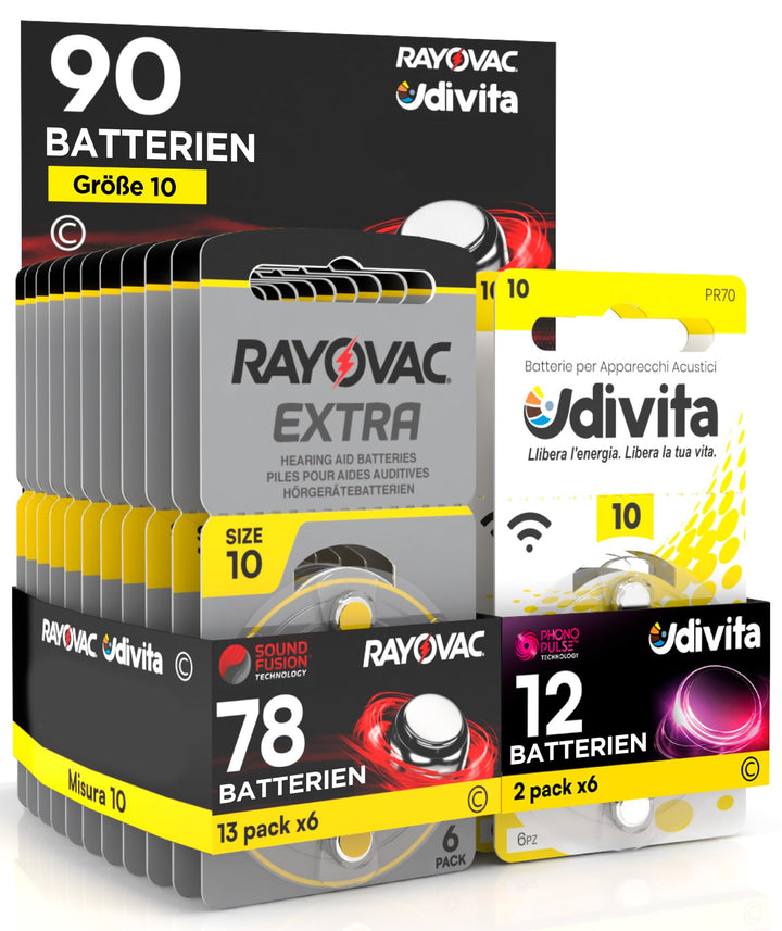 90 Batterien für Hörgeräte Rayovac Extra Advanced 10. 90 Batterien: 78 Rayovac + 12 Udivita
