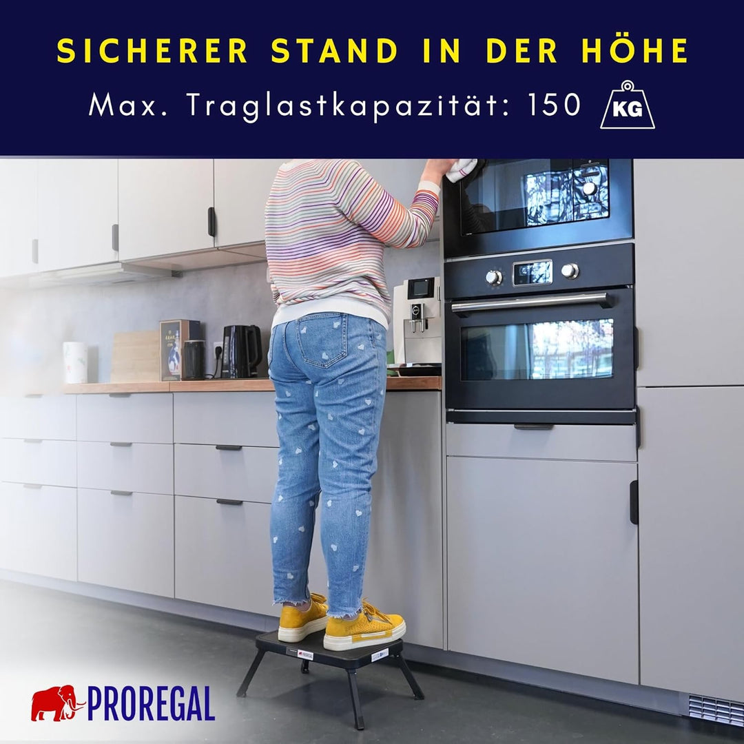 PROREGAL Tritthocker klappbar, XXL Trittfläche 38x26cm Anti-rutsch, bis 150kg, 1,8kg leicht, schwarz