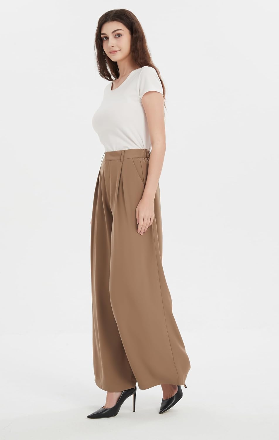 Tronjori Damen Hose Weites Bein Frauen Lange Hose mit Taschen Einfarbig Lose elastische Hohe Taille