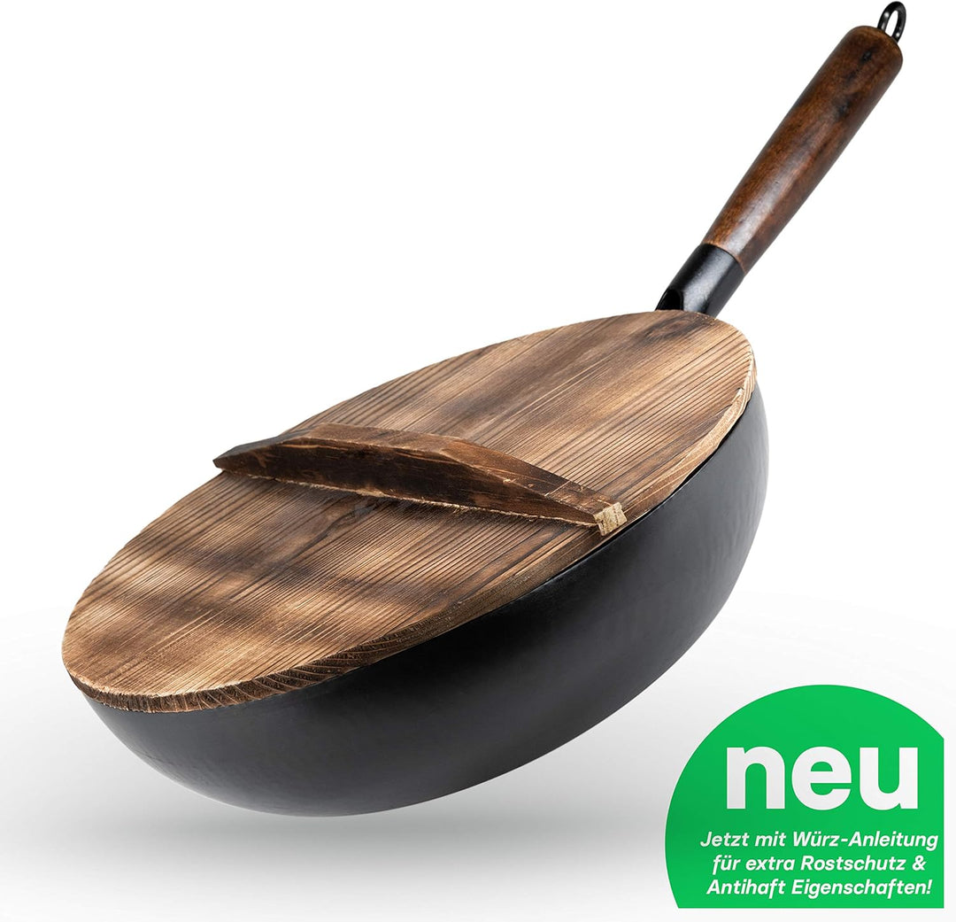 Wokpfanne + Abdeckung für jeden Herd (32 cm gross) handgehämmerte Wok Pfanne aus Karbonstahl mit Hol
