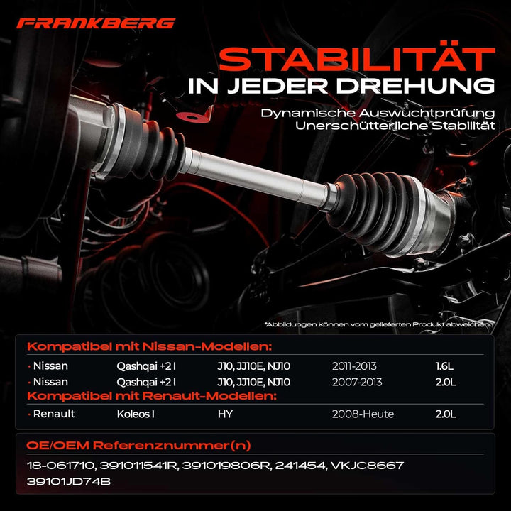 Frankberg Antriebswelle Vorne Links Kompatibel mit Qashqai +2 I J10 JJ10E NJ10 1.6L 2.0L 2008-2013 K