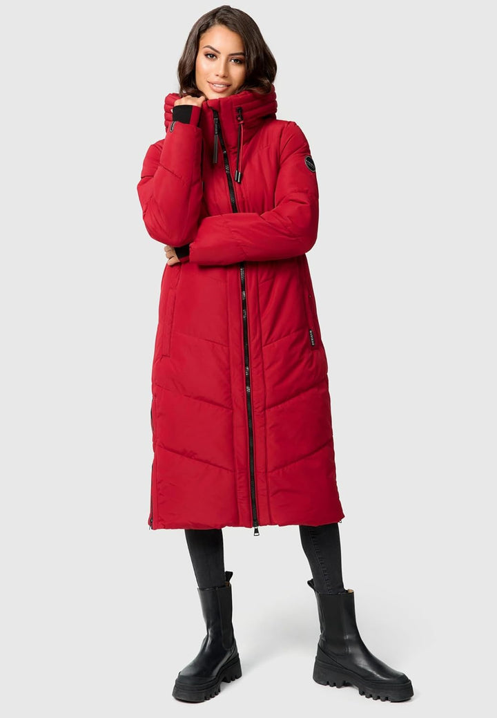MARIKOO Damen Wintermantel warmer Steppmantel lang mit Kapuze und abnehmbarem Kunstfellkragen Nadare