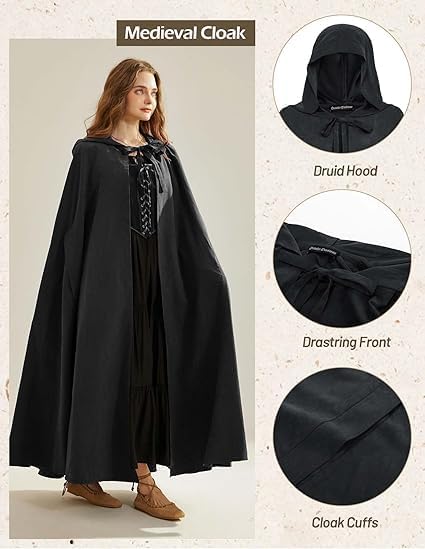 SCARLET DARKNESS Damen Mittelalter Umhang mit Kapuze Unisex Maxi Umhang Hexe Cosplay Cape Schwarz, S