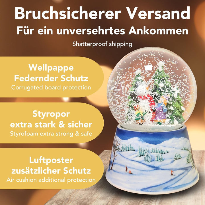 Schneekugel Weihnachten Spieluhr | 2 Kinder Bauen Schneemann | Sockel Winterlandschaft hellblau | mi