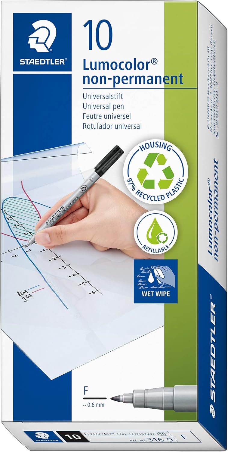 STAEDTLER Folienstift non-permanent Lumocolor, schwarz, wasserlöslich, Made in Germany, lange Lebens
