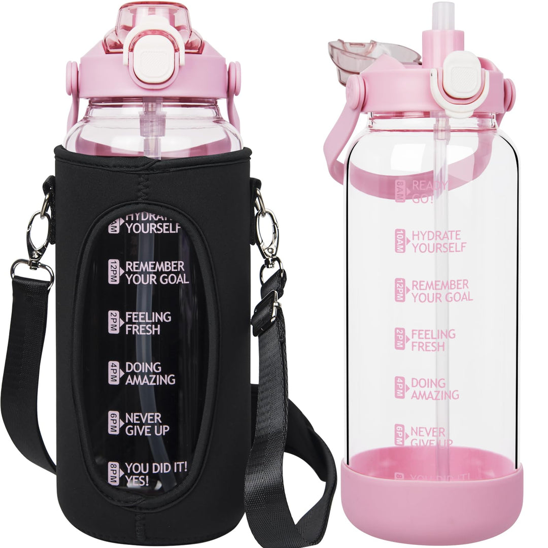 Seekua 1.5 liter Trinkflasche Glas Flasche mit Strohhalm &amp; Zeitmarkierung, 1.5l Wasserflasche mit Fr