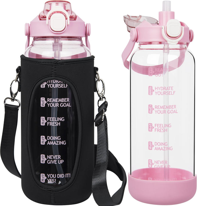 Seekua 1.5 liter Trinkflasche Glas Flasche mit Strohhalm &amp; Zeitmarkierung, 1.5l Wasserflasche mit Fr