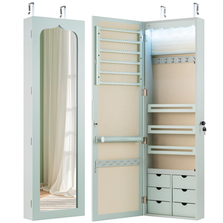 GOPLUS Schmuckschrank mit Schloss & 2 Schlüsseln, Schmuckregal mit LED-Beleuchtung, Spiegelschrank m
