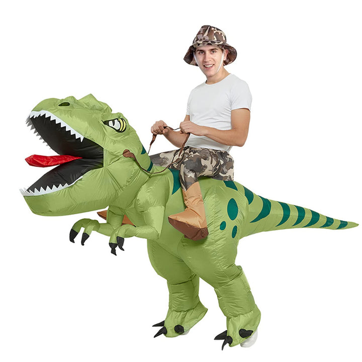 Dinosaurier-Kostüm, aufblasbar, Dino zu Pferd auf einem aufblasbaren Dinosaurier-Spielzeug, für Part