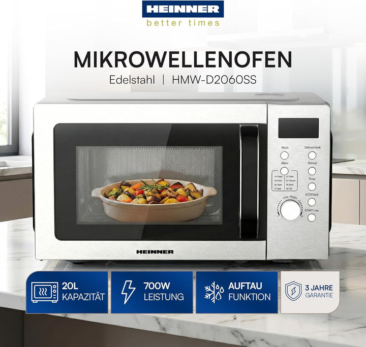 HMW‑D2060SS Mikrowelle, 20L, 700W • Digitales LED‑Display - 8 Automatikprogramme, Timer & Auftaufunk