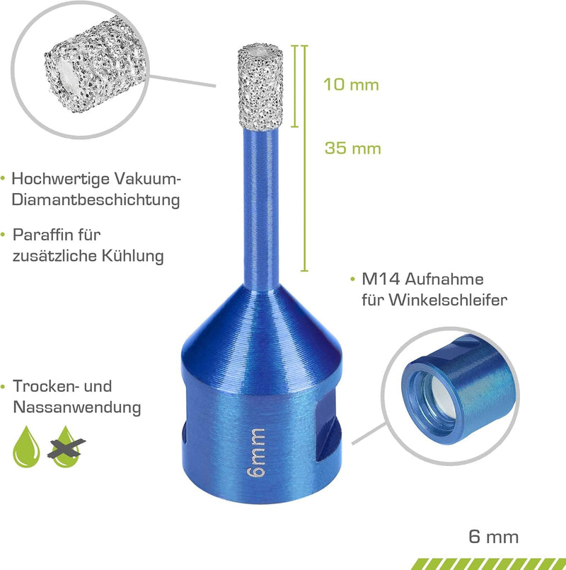 Profi Fliesenbohrer 6mm x M14 - Diamantbohrer für harte Fliesen, Feinsteinzeug uvm. Diamantbohrkrone