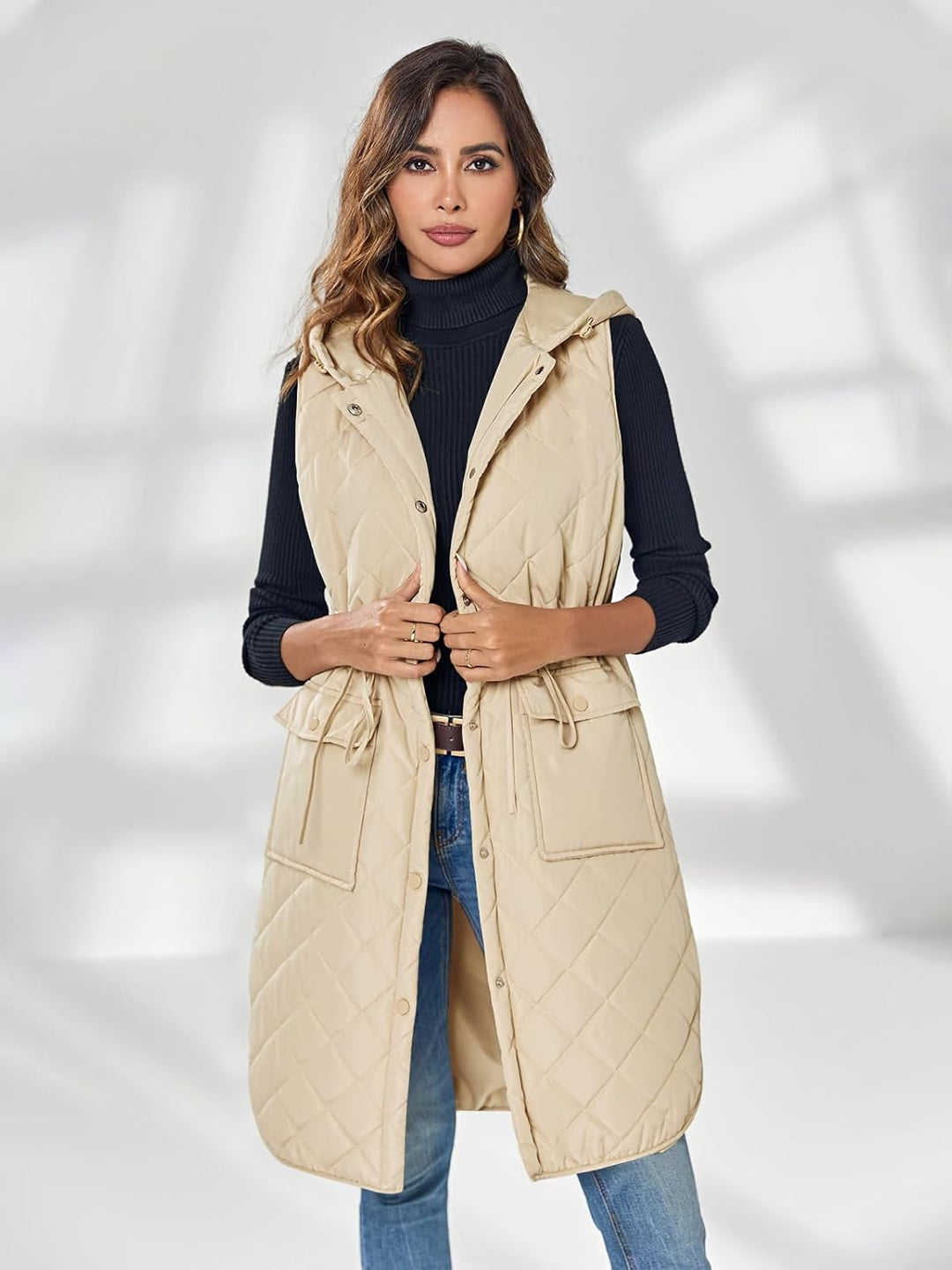 Wenrine Damen Weste Lang Ärmellose Winter Steppweste mit Kapuze und Taschen Casual S Khaki, S Khaki