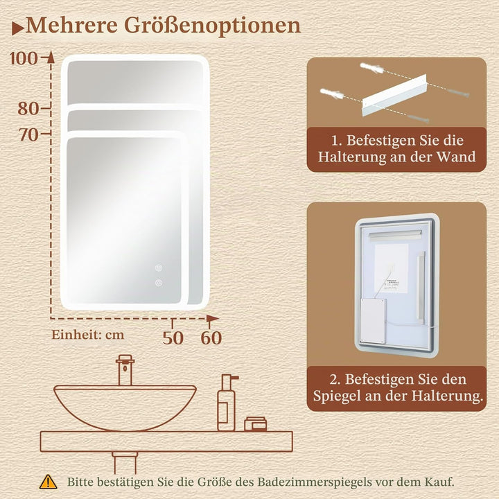 Clevich Badspiegel mit Beleuchtung 100×60 cm, LED Spiegel mit 3 Lichtfarben dimmbar, gehärtetes Glas