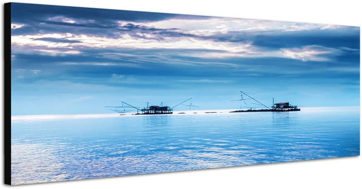 Paul Sinus Art Panoramabild auf Leinwand und Keilrahmen 150x50cm Italien Meer Fischerhäuschen Wolken