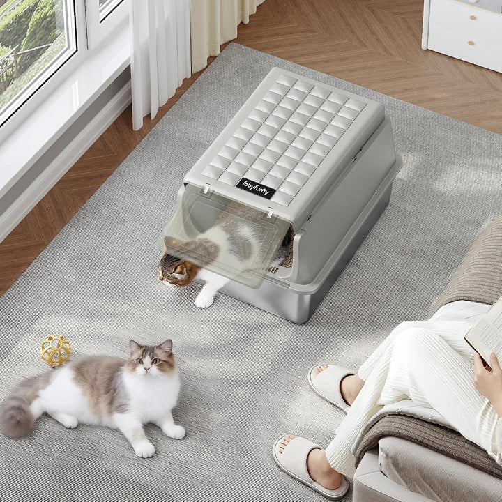 Edelstahl Katzenklo, XXL Metall Katzentoiletten, Cremegrau | Geschlossene Katzenklo, mit Schaufel un