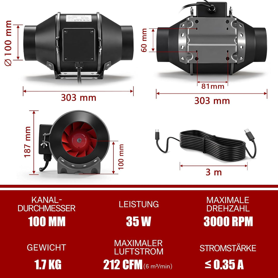 XIIW Regelbar Rohrventilator 100mm mit Drehzahlregler, 360m³/h 3000 RPM Inline Abluftventilator mit