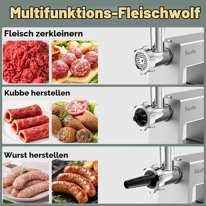 Facelle Fleischwolf Elektrisch Hausgeräte, 2000W mit Edelstahlklingen und 3 Edelstahl Lochscheiben,