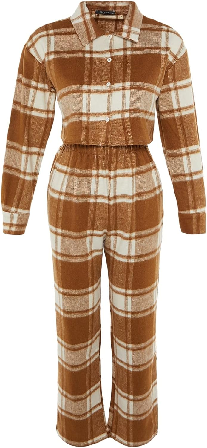 TRENDYOL Damen Kariert Mitte Webstoff Hemd-Hose Pyjama Pajama Set (2er Pack) 38 Cinnamon, 38 Cinnamo